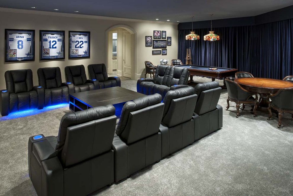 Design ideas for a large contemporary enclosed family room in Other with beige walls and carpet.
