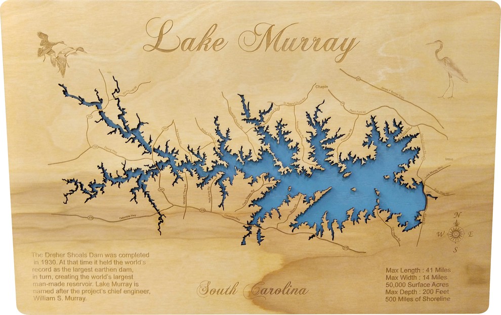 Lake Murray, South Carolina-Wood Lake Map, Medium - Contemporary - Wall ...