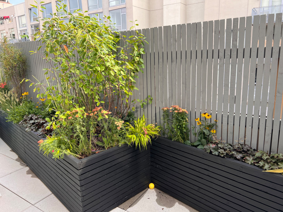 Design ideas for a small modern rooftop partial sun garden for fall in New York with a container garden, concrete pavers and a wood fence.