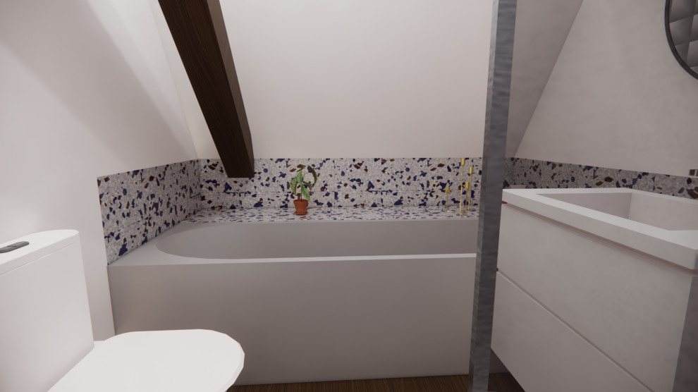 Idées déco pour une petite salle de bain principale et grise et blanche scandinave avec un placard avec porte à panneau encastré, des portes de placard blanches, une baignoire encastrée, une douche à l'italienne, un carrelage gris, des carreaux de céramique, un mur blanc, carreaux de ciment au sol, un lavabo encastré, un sol gris, du carrelage bicolore, meuble simple vasque et meuble-lavabo suspendu.