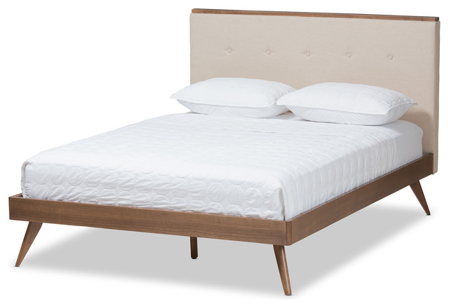 Bella Mid Century Modern Light Beige Fabric And Walnut Brown Wood Platform Bed Bella Mid Century Modern Light Beige Fabric And Walnut Brown Wood Platform Bed