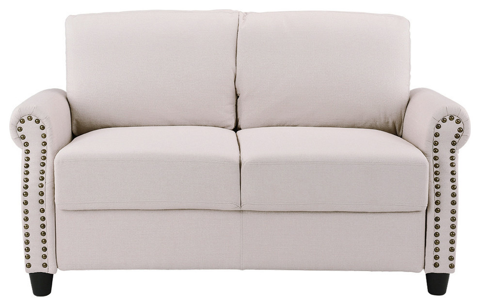 Classic Linen Loveseat With Nailhead Trim And Storage Space Beige