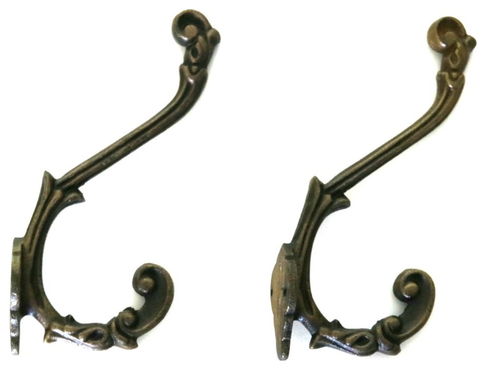 Set of Two Iron Wall Hooks, Antique Brass