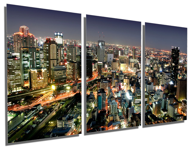 Osaka Japan City Aerial Skyline Metal Print Wall Art 3 Panel Split Triptych Contemporary Metal Wall Art By Canvas Quest