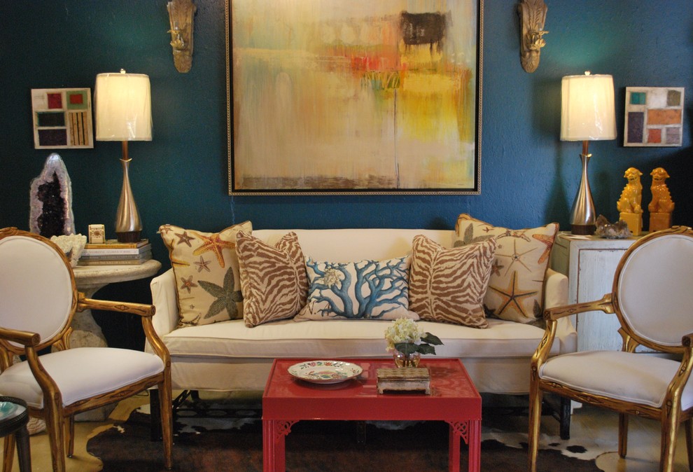This is an example of an eclectic living room in Other with blue walls.