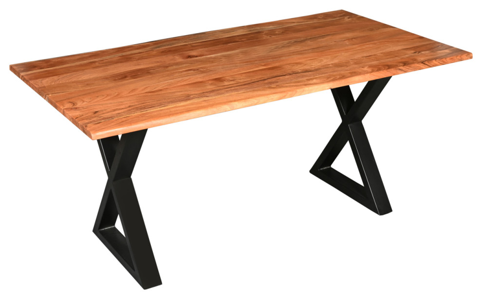 67 Inch Rectangular Dining Table With Crossed Black Metal Legs And