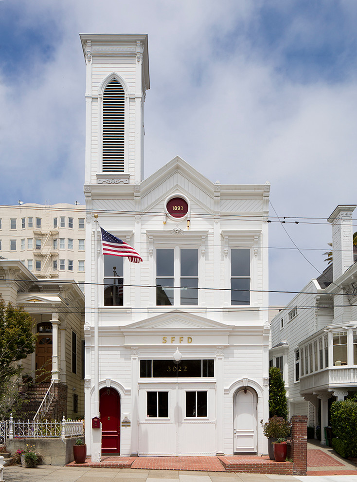 Inspiration for a traditional two-storey white exterior in San Francisco.