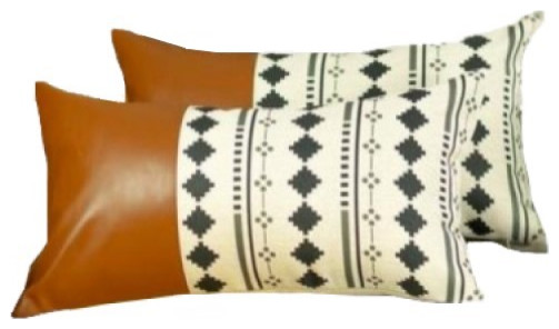 Set Of 2 Diamond Patterned And Brown Faux Leather Lumbar Pillow Covers
