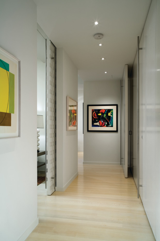 Photo of a contemporary hallway in New York with white walls.