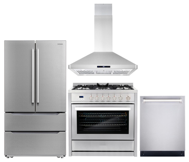 4 Piece, 36" Gas Range 36" Range Hood 24" Dishwasher & Refrigerator