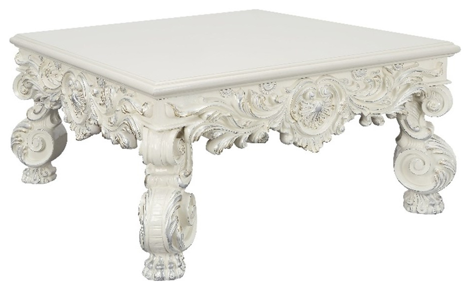 ACME Adara Square Wooden Top Coffee Table with Floral Legs in Antique