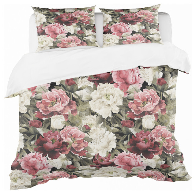 Floral Pattern With Peonies Bohemian and Eclectic Duvet Cover, King