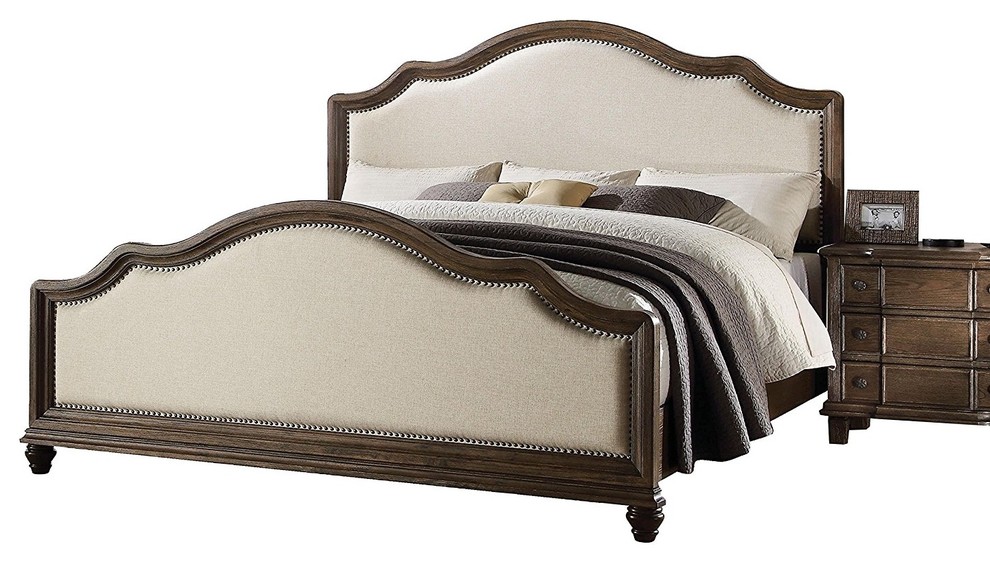 King Bed Beige Linen And Weathered Oak, Wood And Fabric King Bed