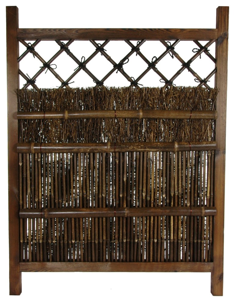 Japanese Dark Stain Wood and Bamboo Garden Gate Asian Home Fencing