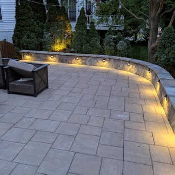 Paver Patio and  sitting stone wall with lights