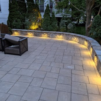 Paver Patio and  sitting stone wall with lights