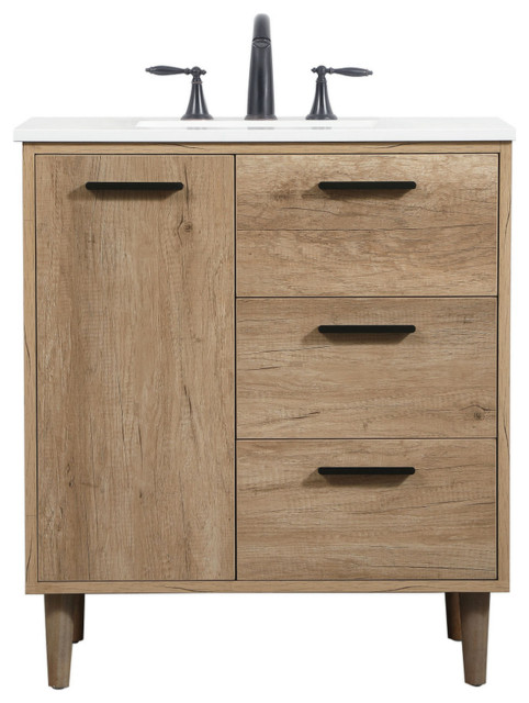 30" Single Bathroom Vanity, Natural Oak, Vf47030Nt - Midcentury ...