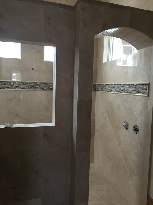 Need Help With My Master Bathroom Backsplash I Was Thinking Of Putting A Border The Same Glass Tile That Is In Shower With Pencil Edge All Around Mirror Will This Be Too Much