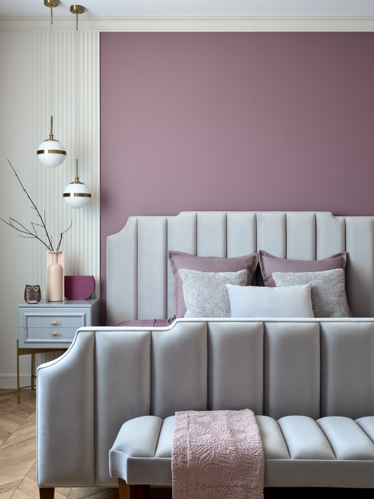 This is an example of a contemporary grey and purple bedroom in Moscow.