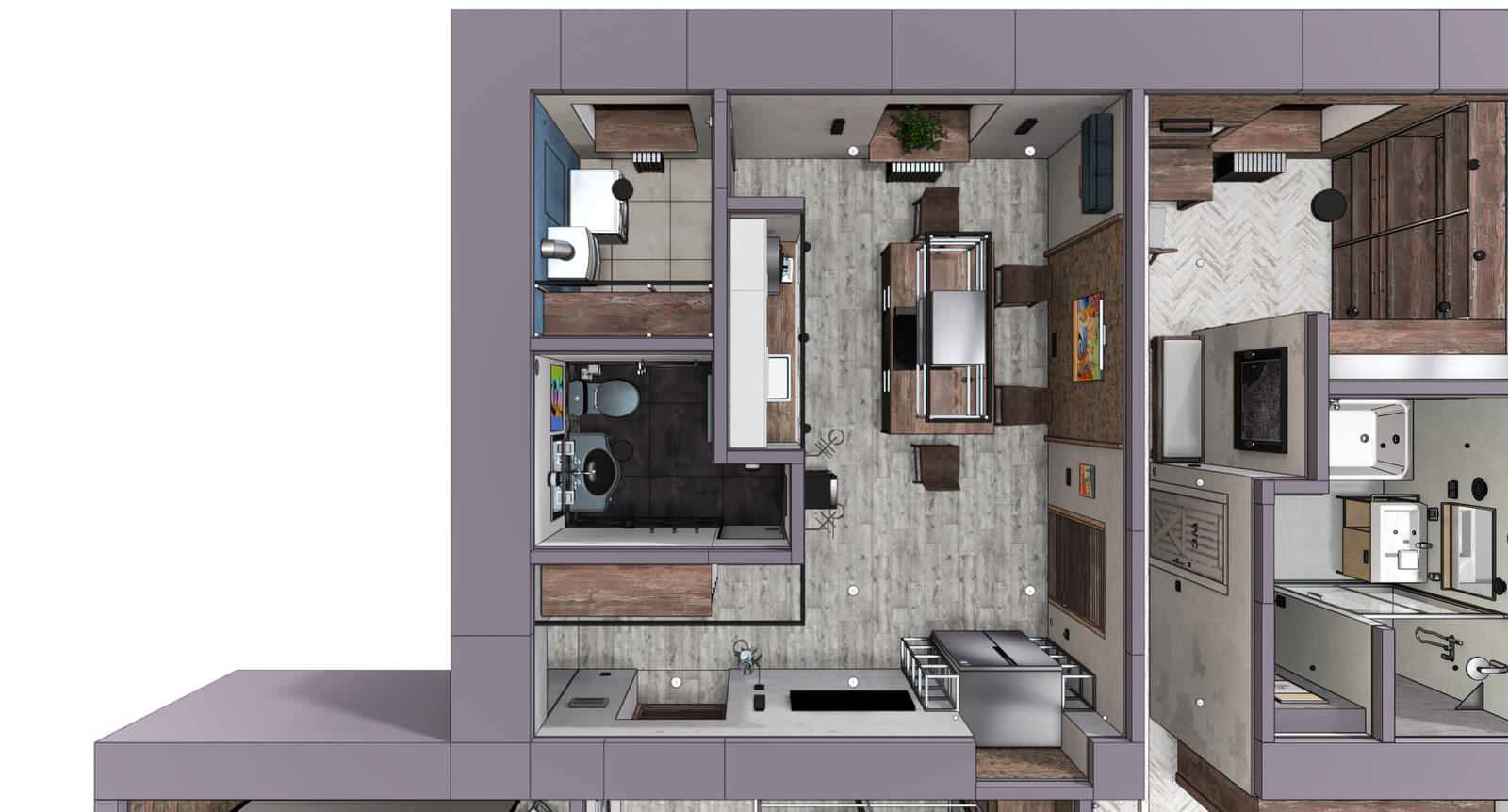 Квартира в Москве в стиле лофт, кухня, холл, санузел, кладовая. 2020 г.