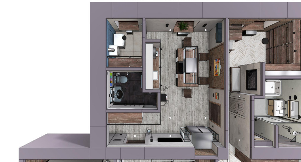 Квартира в Москве в стиле лофт, кухня, холл, санузел, кладовая. 2020 г.