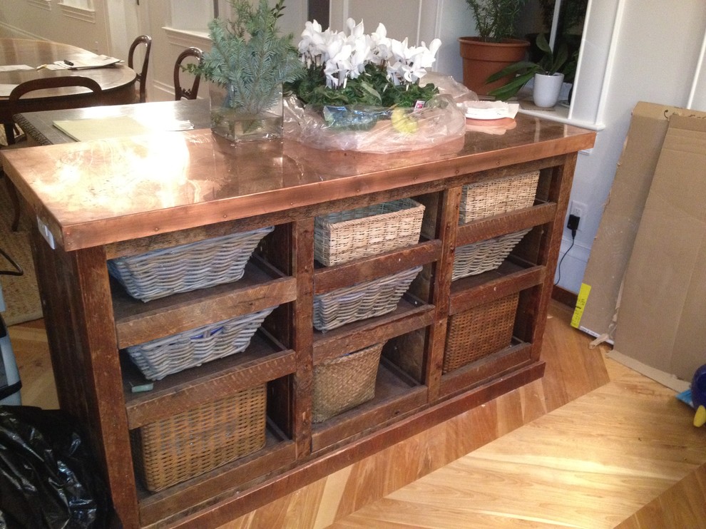 Mountain style single-wall enclosed kitchen photo in Boston with an undermount sink