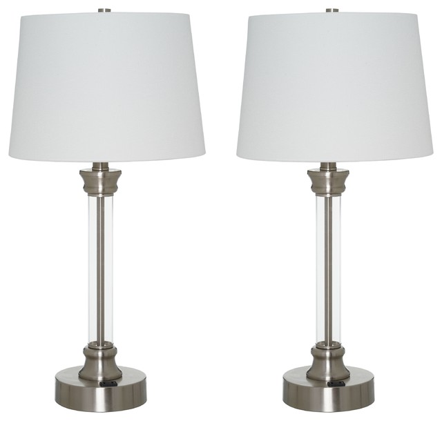 Sentra Clear Acrylic Table Lamps With White Fabric Shade Set Of 2 Sentra Clear Acrylic Table Lamps With White Fabric Shade Set Of 2