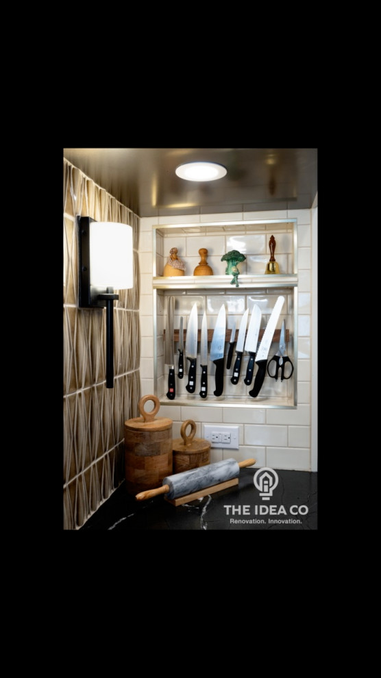 Kitchen pantry - mid-sized transitional galley light wood floor and brown floor kitchen pantry idea with a single-bowl sink, recessed-panel cabinets, white cabinets, quartzite countertops, multicolored backsplash, ceramic backsplash, stainless steel appliances, an island and white countertops