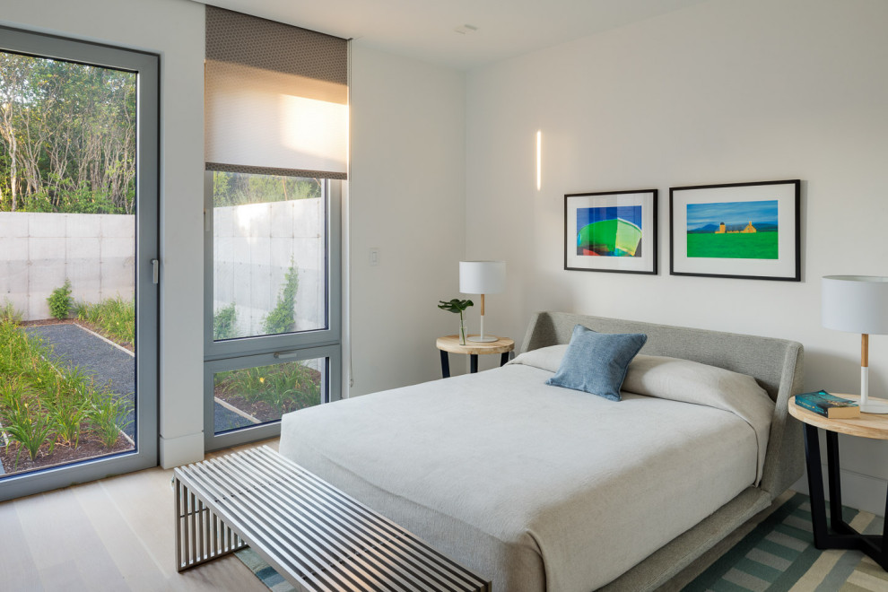 Inspiration for a large contemporary guest light wood floor and beige floor bedroom remodel in Boston with white walls and no fireplace