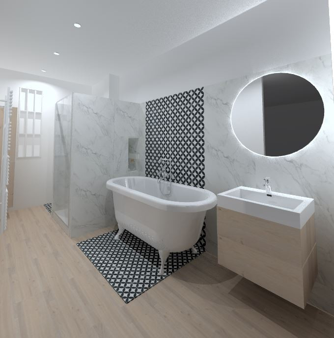 Idee per una stanza da bagno con doccia minimalista di medie dimensioni con vasca con piedi a zampa di leone, piastrelle di marmo, pavimento con piastrelle effetto legno, top in marmo, top bianco e un lavabo