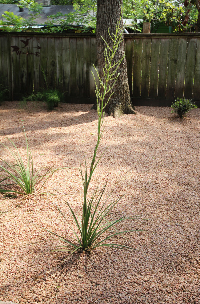 Exempel på en mellanstor klassisk bakgård i delvis sol som tål torka och ökenträdgård på sommaren, med granitkomposit