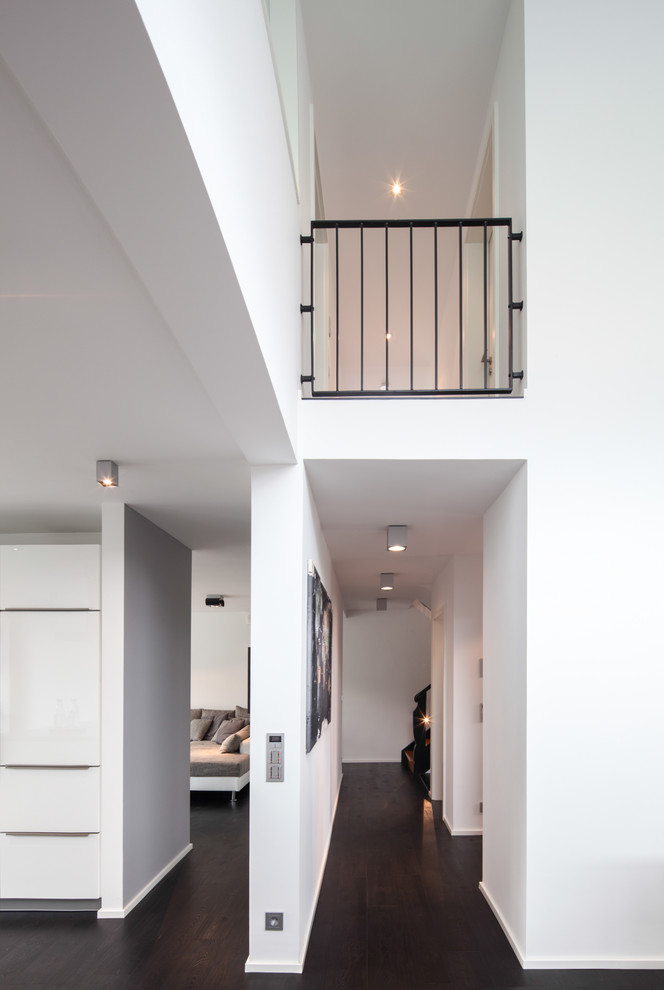 Small contemporary hallway in Stuttgart with white walls and dark hardwood floors.