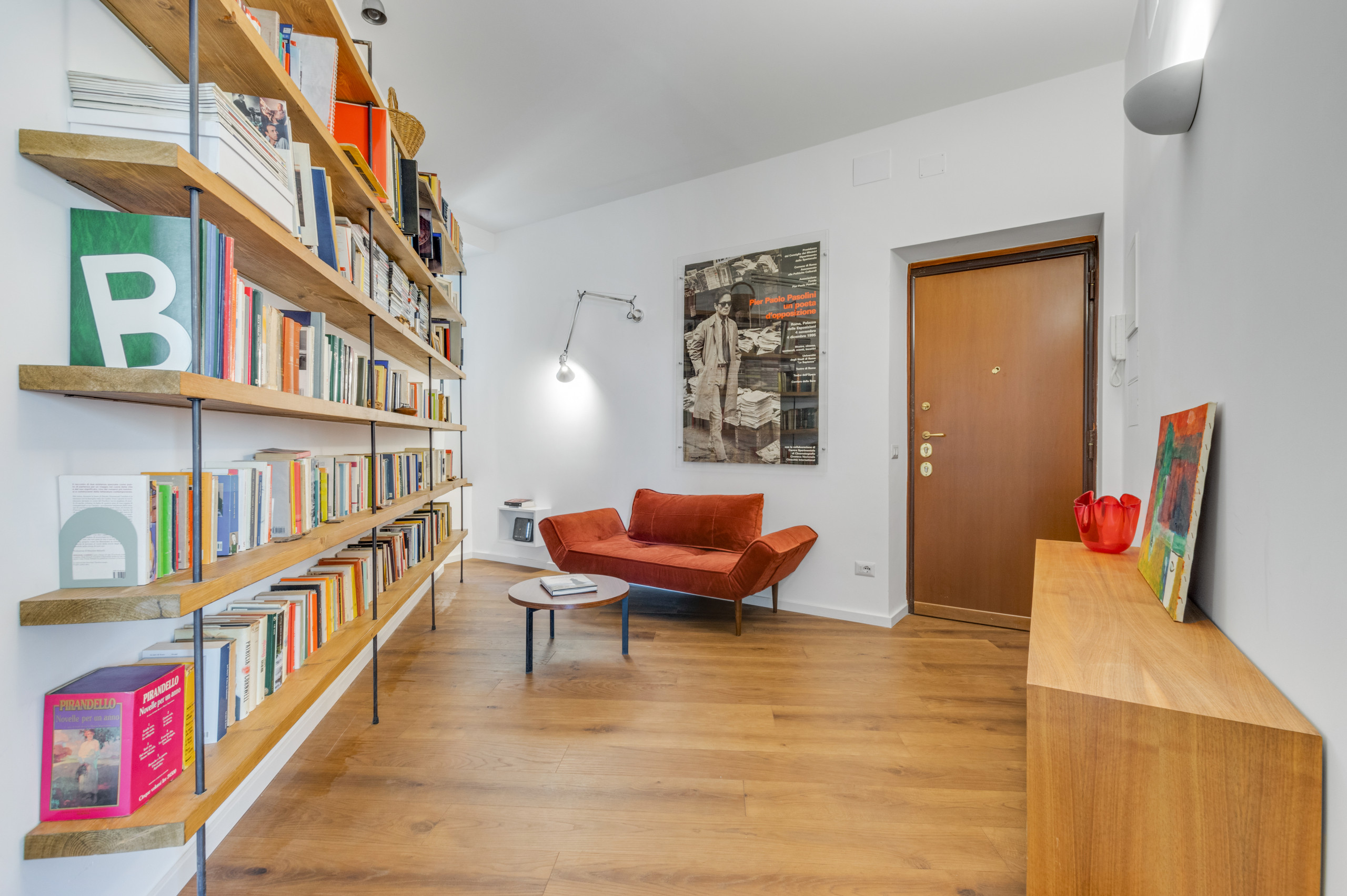 Single front door - huge contemporary painted wood floor single front door idea in Rome with white walls