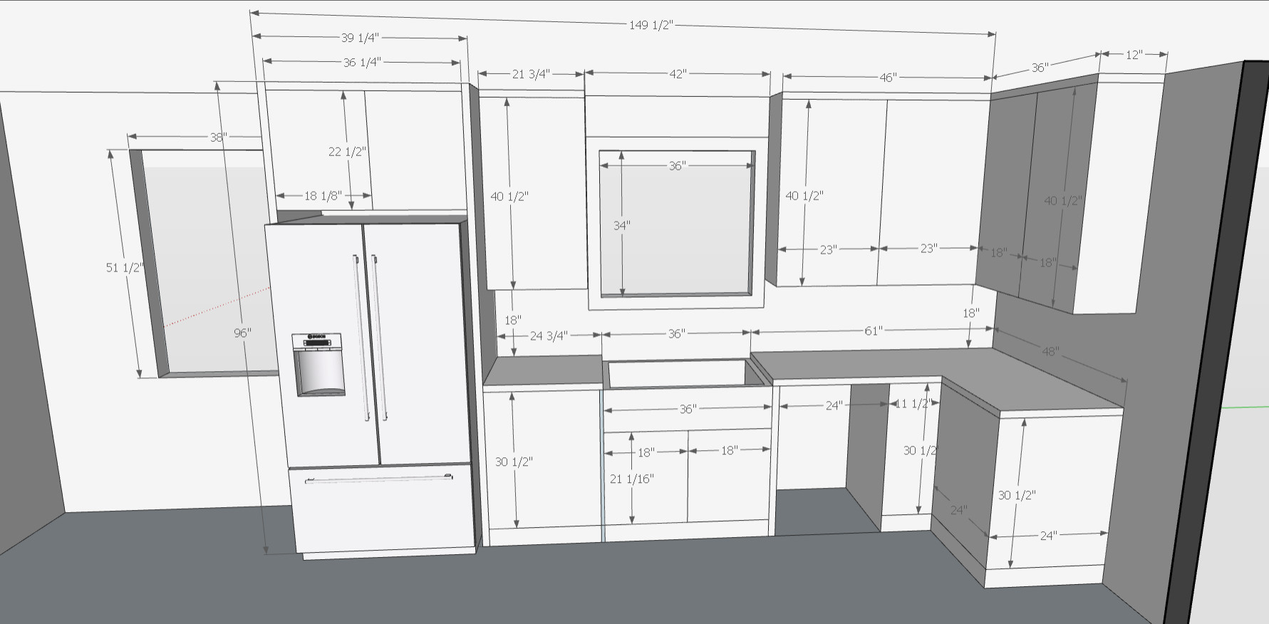 3D Elevation with dimensions - kitchen