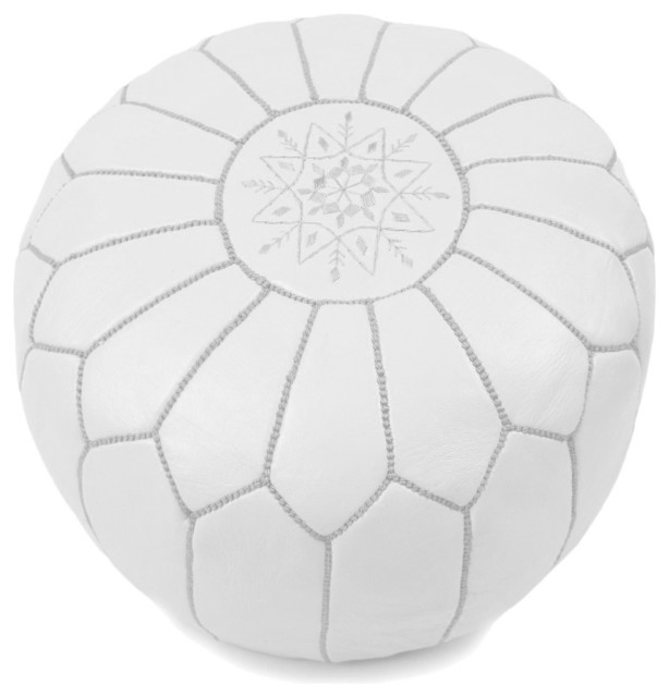 Moroccan Leather Pouf, White