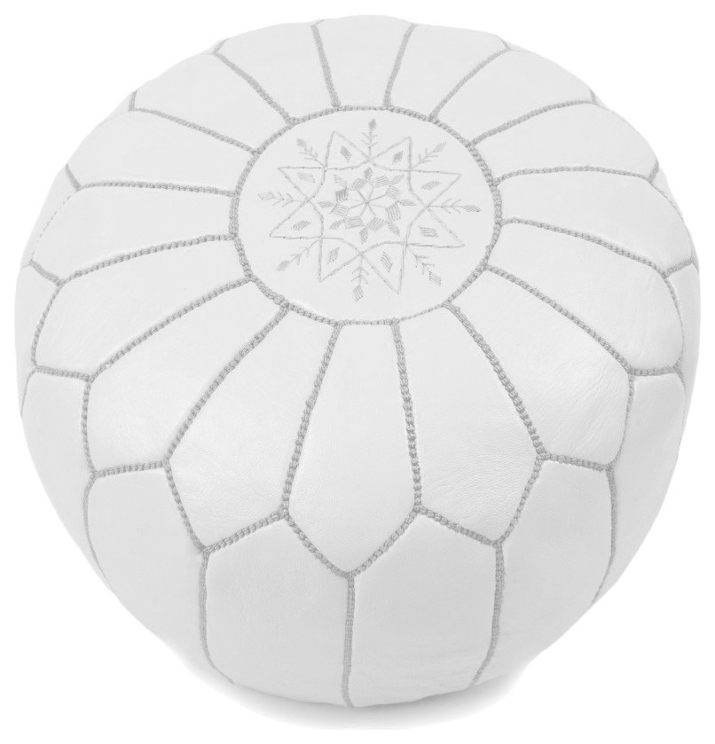 Moroccan Leather Pouf, White