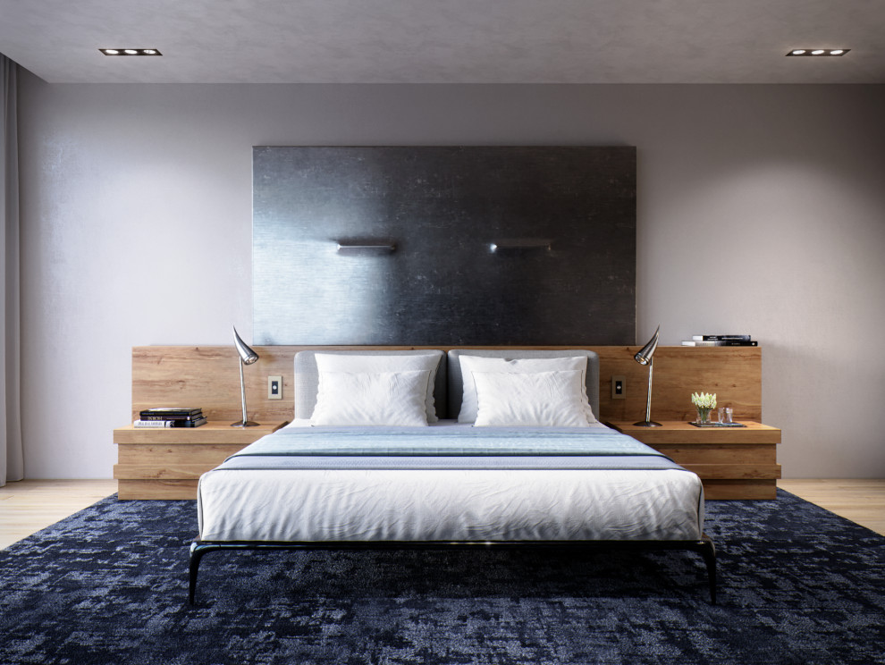 Imagen de dormitorio principal contemporáneo de tamaño medio con paredes beige, suelo de bambú, suelo marrón y papel pintado