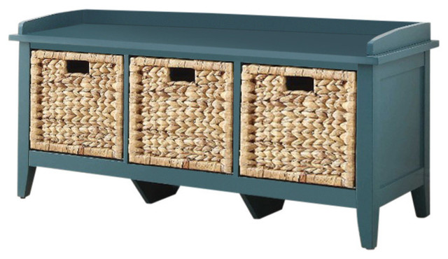 Rectangular Wooden Bench With Storage Basket Blue Tropical