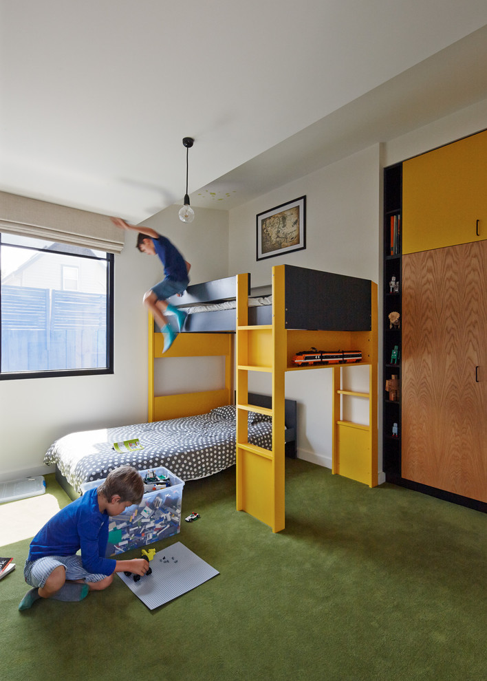 Contemporary kids' room in Melbourne with white walls and carpet for kids 4-10 years old.