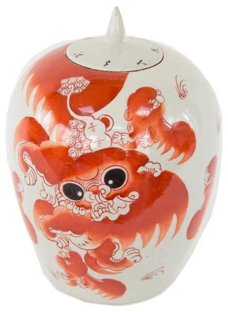 Orange and White Porcelain Hexagonal Tea Caddy Jar Foo Dog Motif 8/"