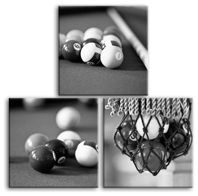 3Piece Billiard Pool Room Square Canvas, Contemporary Black/White Wall