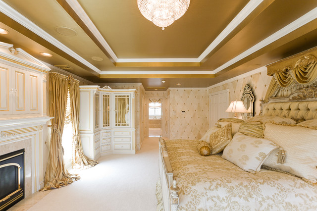 Gold Bedroom With Custom Window Treatments And Bedding