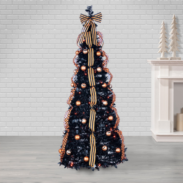 6' Black Pop-Up Pre-Lit Halloween Tree With 100 Orange LED Lights ...