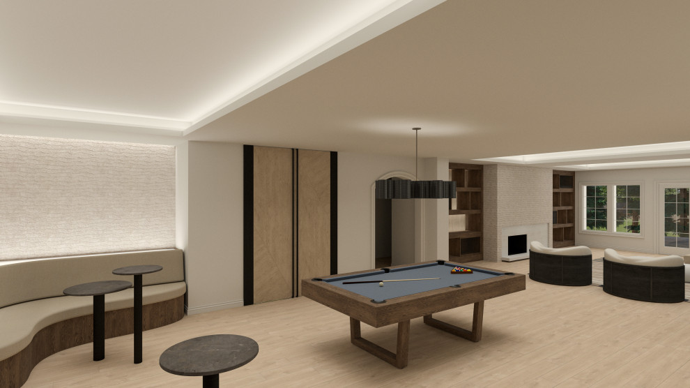 Design ideas for a large contemporary walk-out basement in Detroit with beige walls, light hardwood floors, a standard fireplace, a stone fireplace surround, beige floor, recessed and wallpaper.