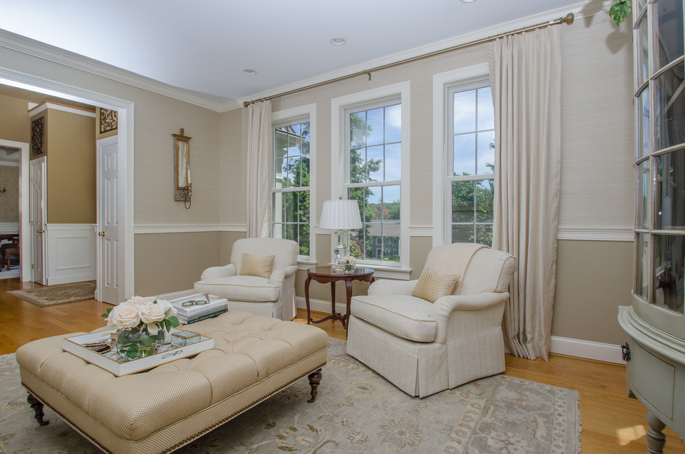 Living room - mid-sized traditional formal and enclosed light wood floor living room idea in Bridgeport with beige walls