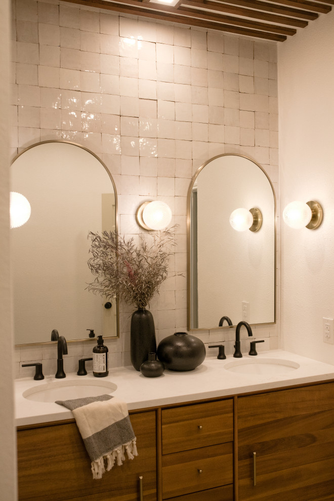 Mid-sized midcentury master bathroom in Austin with terrazzo floors, engineered quartz benchtops, a double vanity, a freestanding vanity and wood.