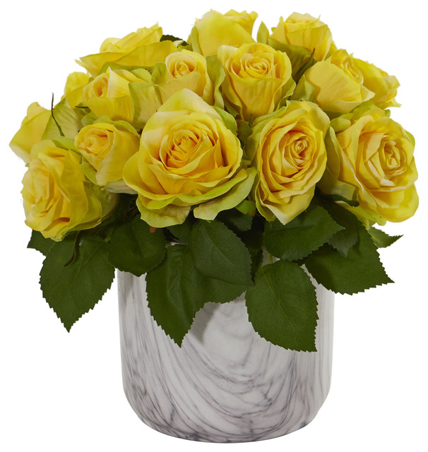 Nearly Natural Rose Artificial Arrangement in Marble Finished Vase Yellow