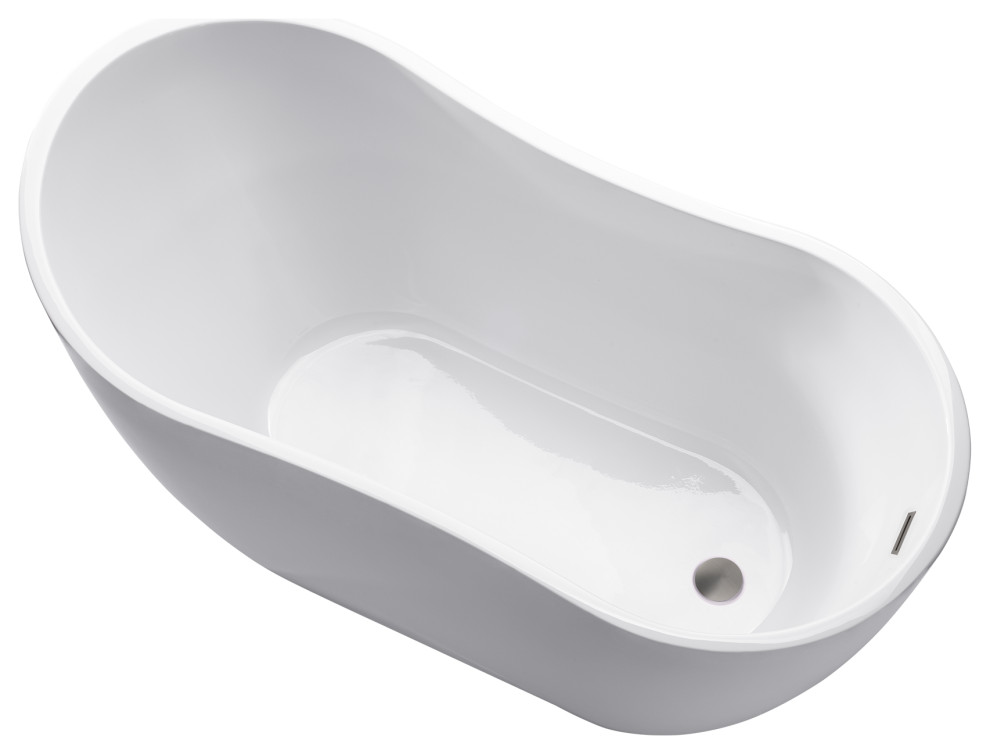 54" Freestanding Acrylic Soaking Bathtub, White/Brushed Nickel