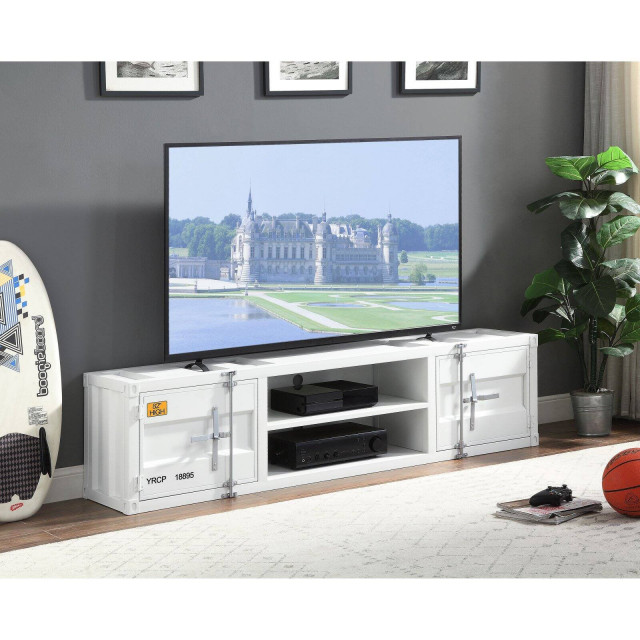 Industrial Low TV Stand with Shelves, Cargo Design, Corrugated Metal ...