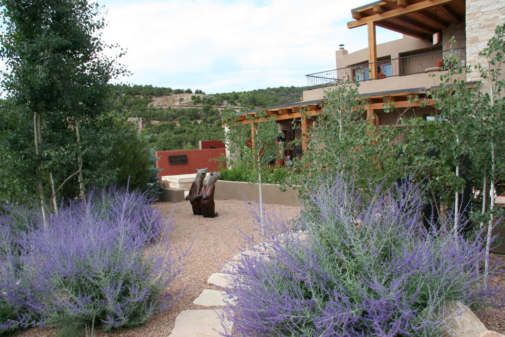 Design ideas for a contemporary backyard patio in Albuquerque with natural stone pavers.